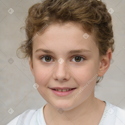 Joyful white child female with short  brown hair and brown eyes