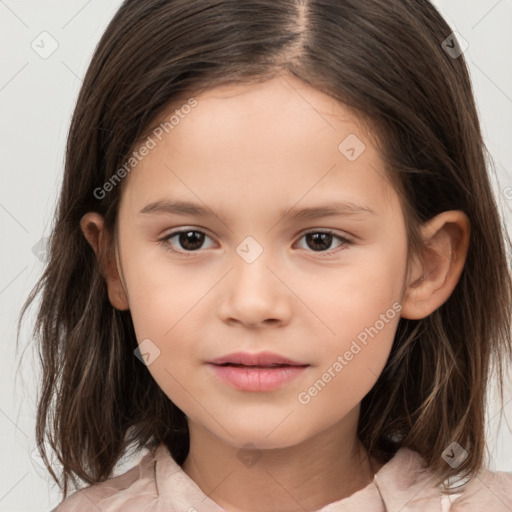 Joyful white child female with medium  brown hair and brown eyes