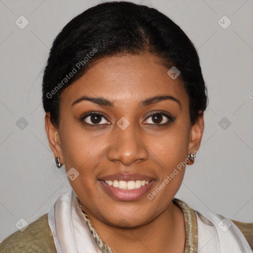 Joyful latino young-adult female with short  black hair and brown eyes