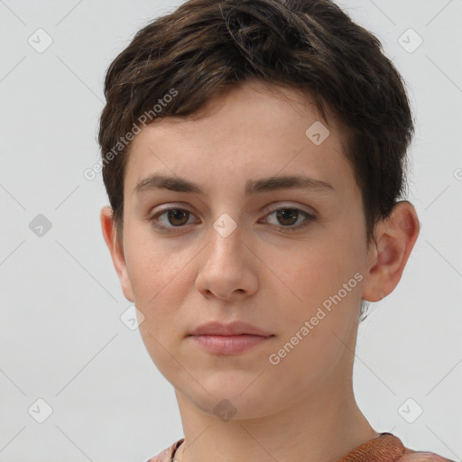 Neutral white young-adult female with short  brown hair and brown eyes