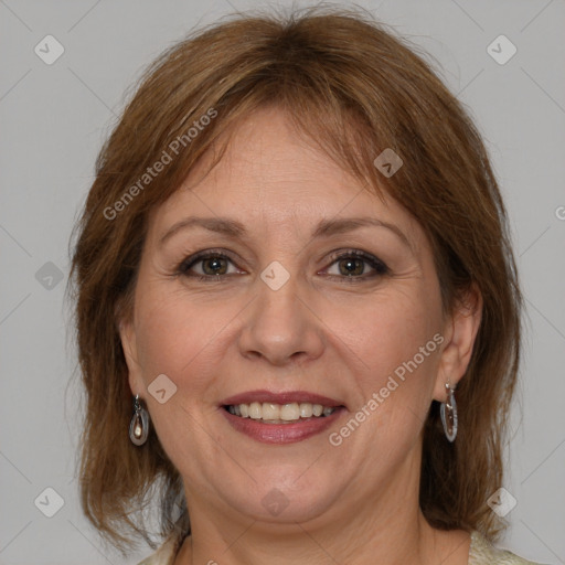 Joyful white adult female with medium  brown hair and grey eyes