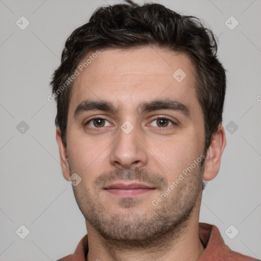 Neutral white young-adult male with short  brown hair and brown eyes