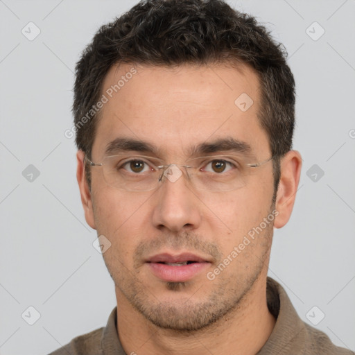 Neutral white adult male with short  brown hair and brown eyes