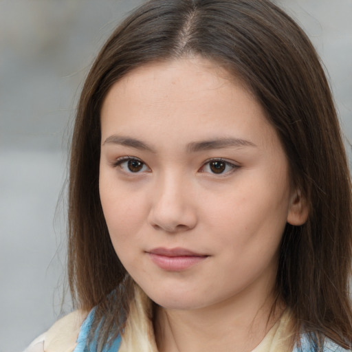 Neutral white young-adult female with medium  brown hair and brown eyes