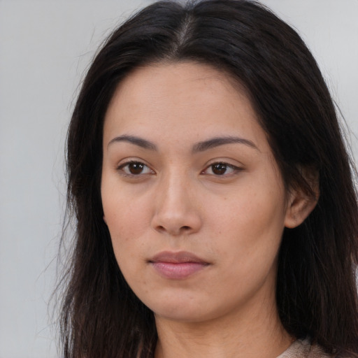 Neutral asian young-adult female with long  brown hair and brown eyes