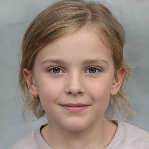 Joyful white child female with medium  brown hair and grey eyes