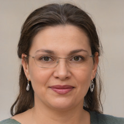 Joyful white adult female with medium  brown hair and grey eyes