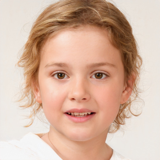 Joyful white child female with medium  brown hair and brown eyes