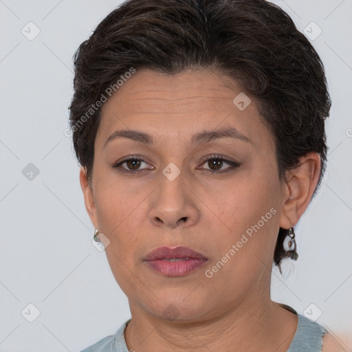 Neutral white adult female with short  brown hair and brown eyes