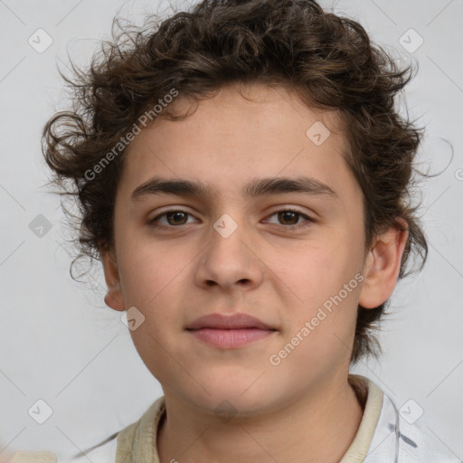 Joyful white child male with short  brown hair and brown eyes