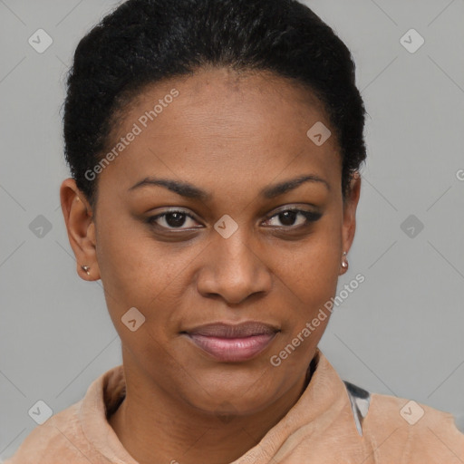 Joyful black young-adult female with short  brown hair and brown eyes