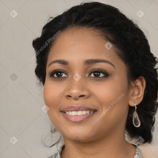 Joyful latino young-adult female with long  black hair and brown eyes