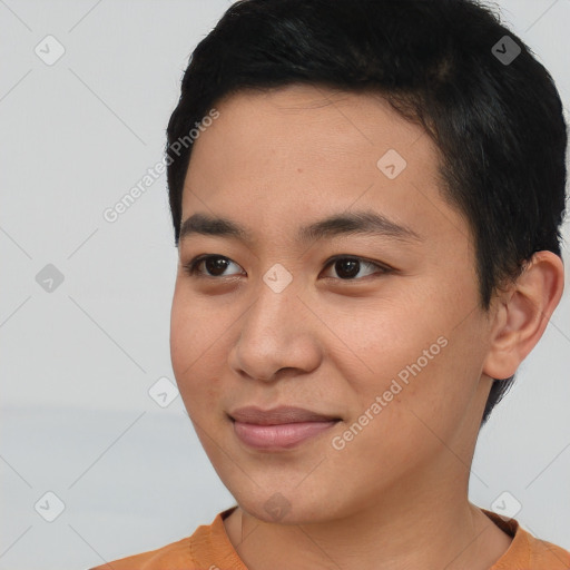 Joyful asian young-adult female with short  black hair and brown eyes