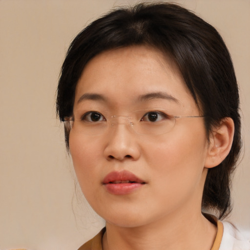 Neutral asian young-adult female with medium  brown hair and brown eyes