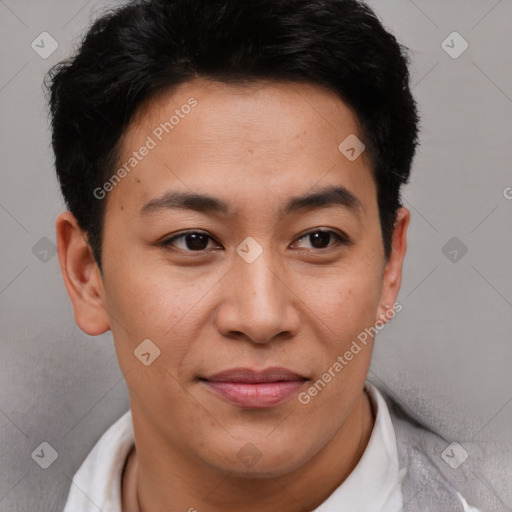 Joyful asian young-adult male with short  brown hair and brown eyes