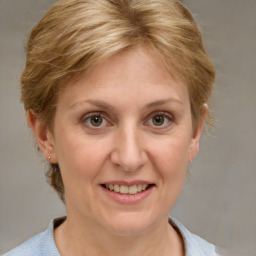 Joyful white adult female with medium  brown hair and grey eyes