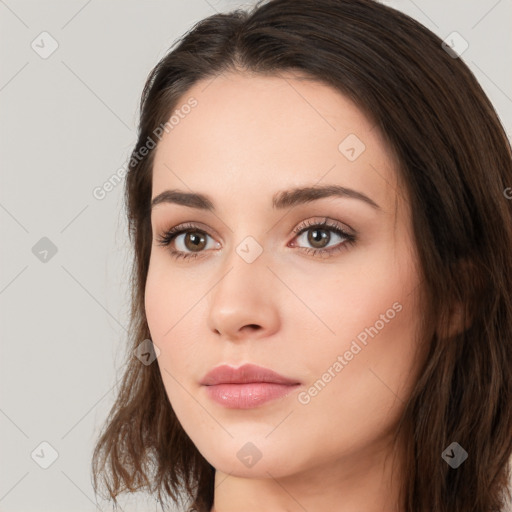 Neutral white young-adult female with long  brown hair and brown eyes