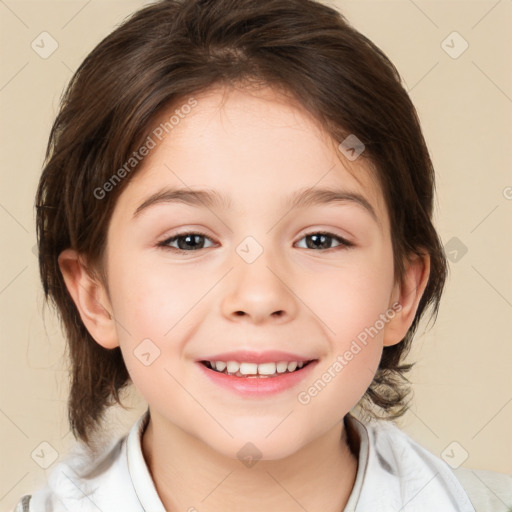 Joyful white child female with medium  brown hair and brown eyes