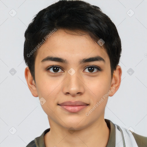 Joyful latino young-adult female with short  brown hair and brown eyes