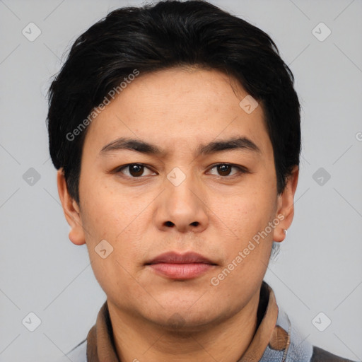 Neutral asian young-adult male with short  black hair and brown eyes