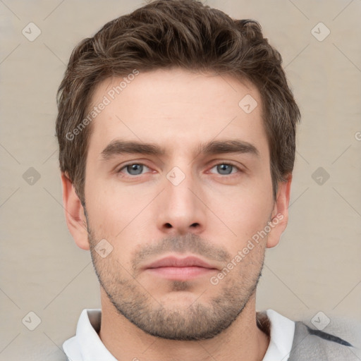 Neutral white young-adult male with short  brown hair and brown eyes