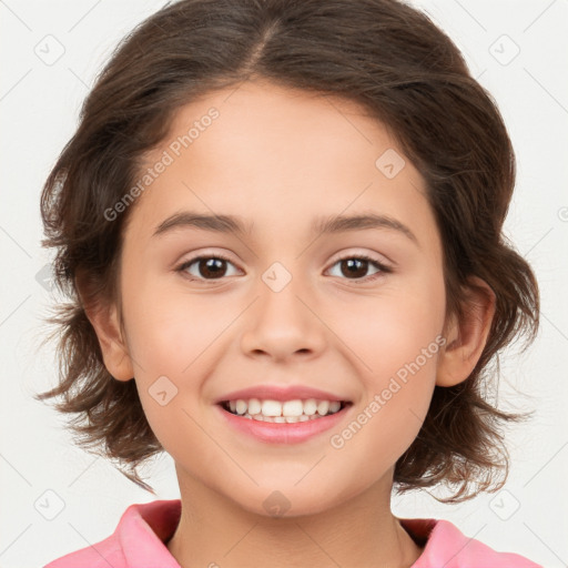 Joyful white child female with medium  brown hair and brown eyes