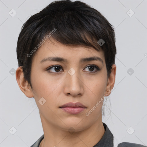 Neutral asian young-adult female with short  brown hair and brown eyes