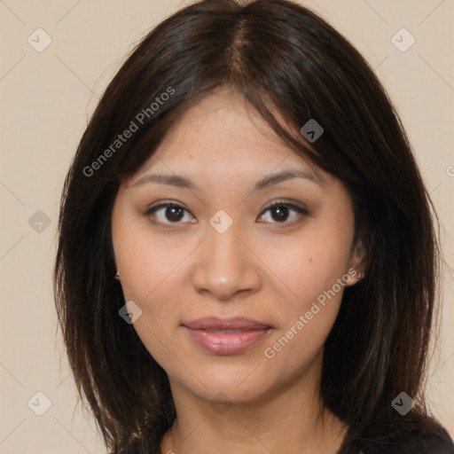 Joyful latino young-adult female with medium  brown hair and brown eyes