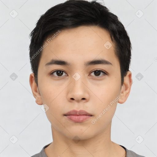 Neutral asian young-adult male with short  black hair and brown eyes