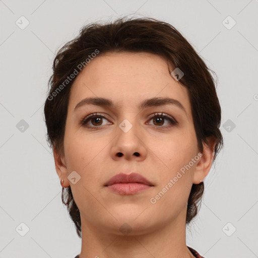 Neutral white young-adult female with short  brown hair and brown eyes