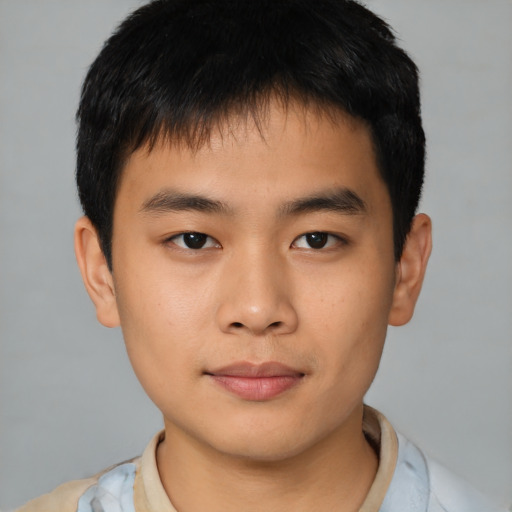 Joyful asian child male with short  brown hair and brown eyes