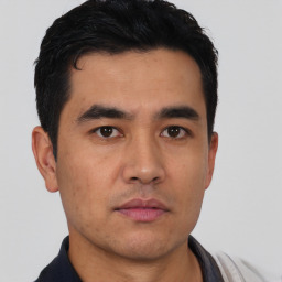 Neutral asian young-adult male with short  black hair and brown eyes