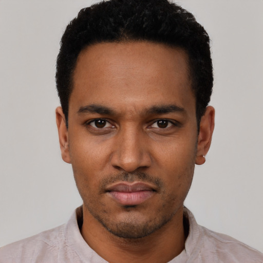 Neutral black young-adult male with short  black hair and brown eyes