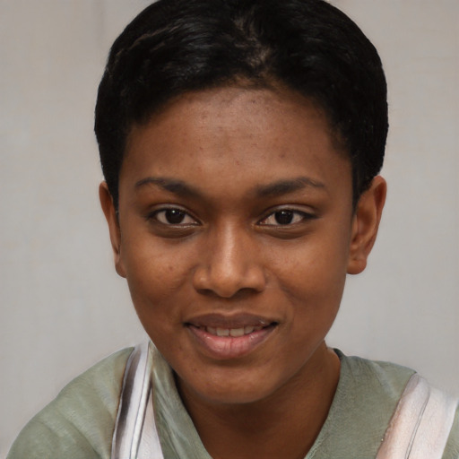 Joyful black young-adult female with short  black hair and brown eyes
