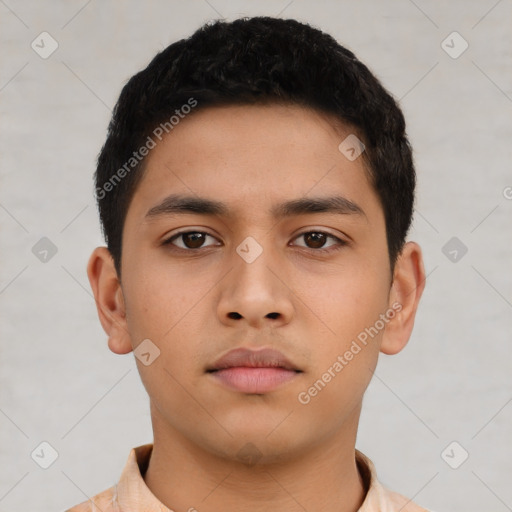 Neutral latino young-adult male with short  brown hair and brown eyes