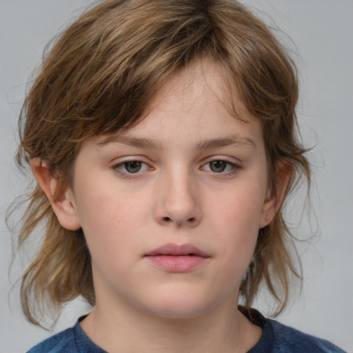 Neutral white child female with medium  brown hair and grey eyes