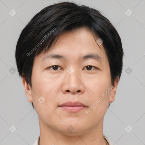 Neutral asian young-adult male with short  black hair and brown eyes