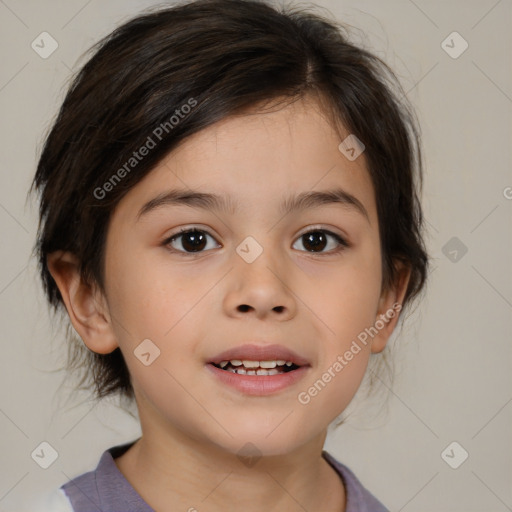 Joyful white child female with medium  brown hair and brown eyes