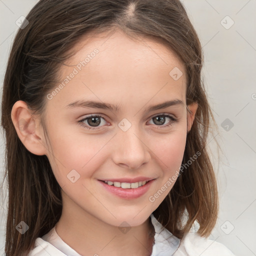 Joyful white child female with medium  brown hair and brown eyes