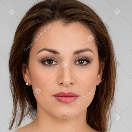 Neutral white young-adult female with medium  brown hair and brown eyes