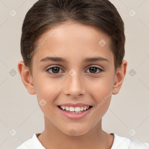 Joyful white child female with short  brown hair and brown eyes