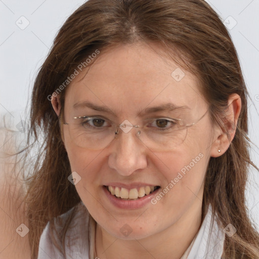 Joyful white adult female with medium  brown hair and brown eyes