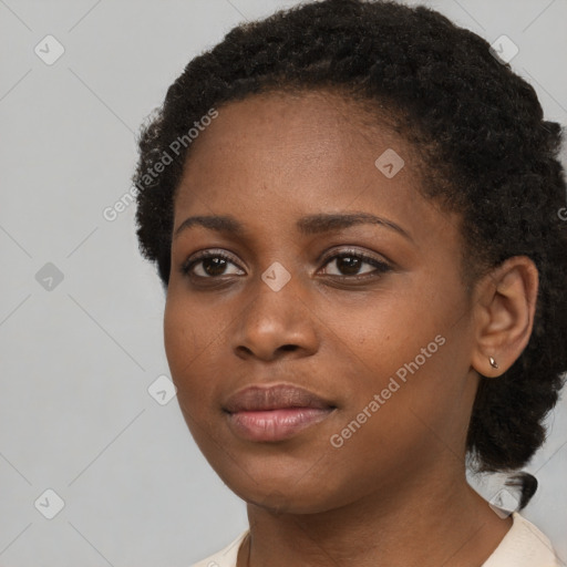 Neutral black young-adult female with short  black hair and brown eyes