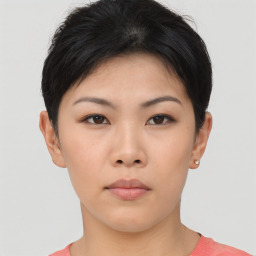 Neutral asian young-adult female with short  brown hair and brown eyes