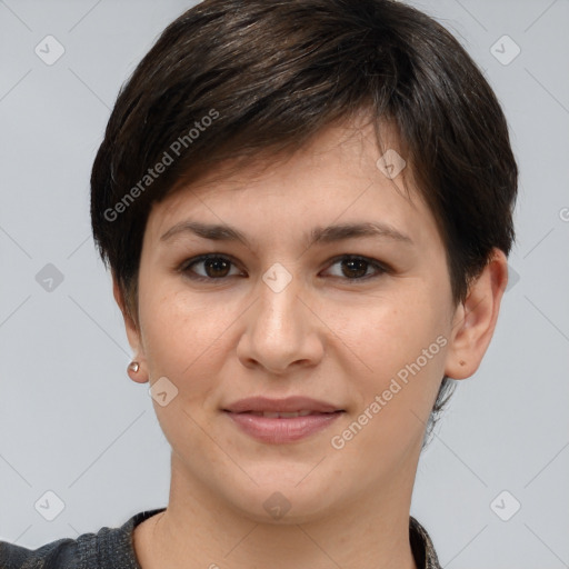 Joyful white young-adult female with short  brown hair and brown eyes