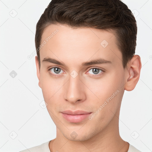 Neutral white young-adult male with short  brown hair and brown eyes