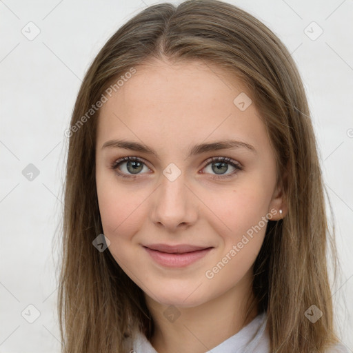 Joyful white young-adult female with long  brown hair and green eyes