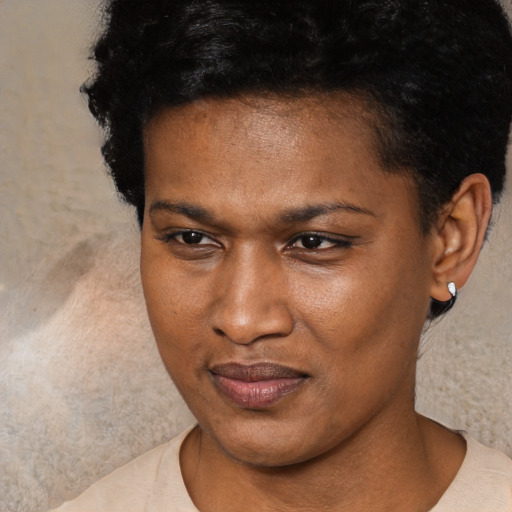 Joyful black young-adult female with short  black hair and brown eyes