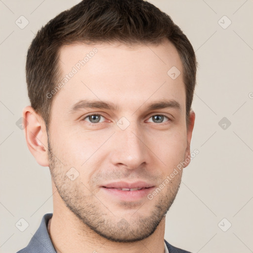 Neutral white young-adult male with short  brown hair and grey eyes