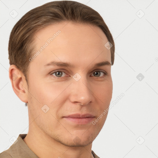 Neutral white young-adult male with short  brown hair and grey eyes